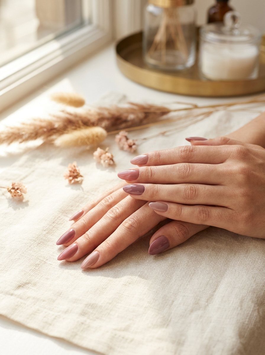 Twee verzorgde handen met een glanzende wine-plum en champagnegouden manicure op een linnen ondergrond